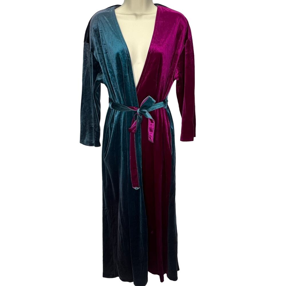 Vintage Kayser Velour Colorblock Robe Size S Turquoise Blue Purple Shiny